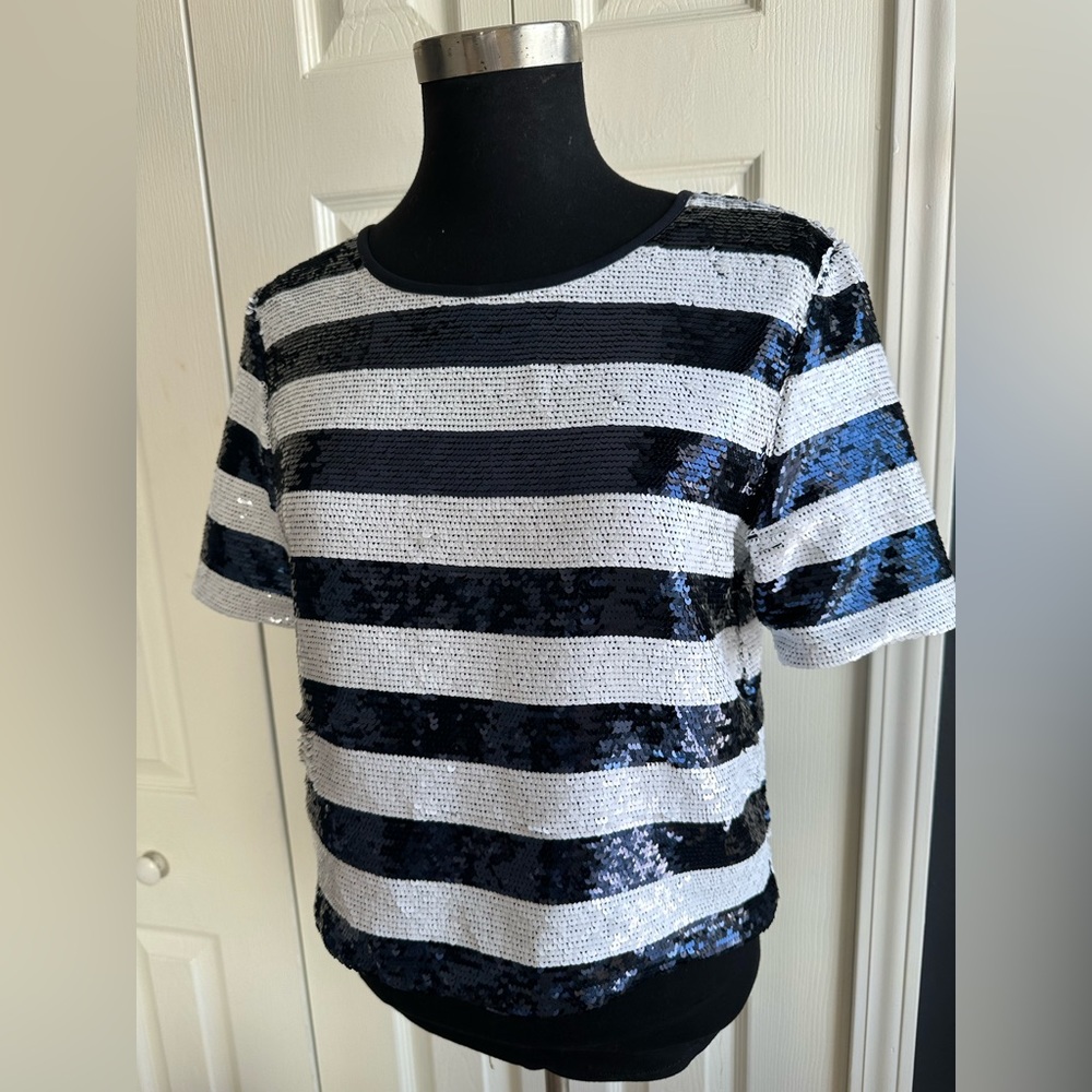 Sandro Paris Sequin Striped Slightly Cropped Full… - image 1